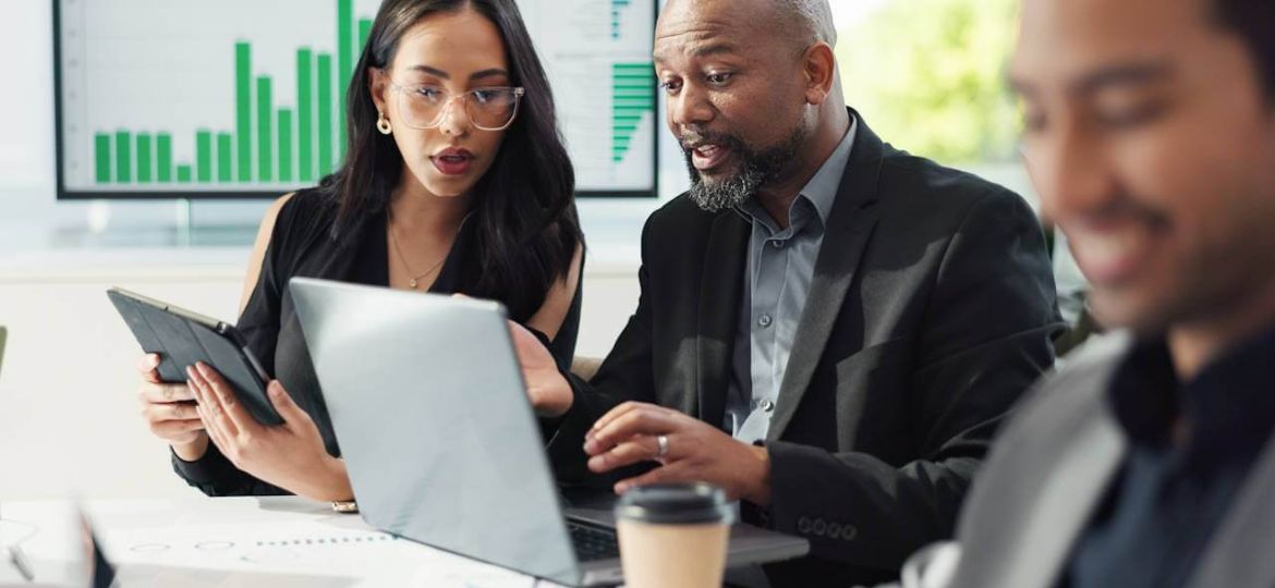 business-people-teamwork-meeting-data-analytics-finance-report-sales-profit-accounting-laptop-tablet-professional-manager-woman-planning-talking-stats-computer